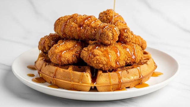 The image shows a close-up of a crispy golden-brown fried chicken piece placed on top of a light golden waffle with deep square patterns. The fried chicken has a rough crunchy texture with small irregular bits on the surface, and the waffle underneath is fluffy with visible pores and a smooth edge. Both are presented on a simple white plate with a white marbled surface in the background. photo taken with an iphone --ar 4:5 --v 7