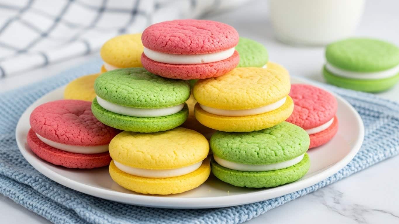 The image shows a white plate stacked with colorful sandwich cookies, arranged in a small pile. Each cookie has two soft round layers with a smooth, creamy white filling in the middle. The cookie layers come in bright pastel colors: pink, yellow, and green, each with a slightly textured surface. The stack includes multiple sets of these layered cookies, all resting on a white marbled surface with a light blue knitted cloth underneath. In the background, there is a blurred glass of milk and a hint of a checkered cloth. photo taken with an iphone --ar 4:5 --v 7