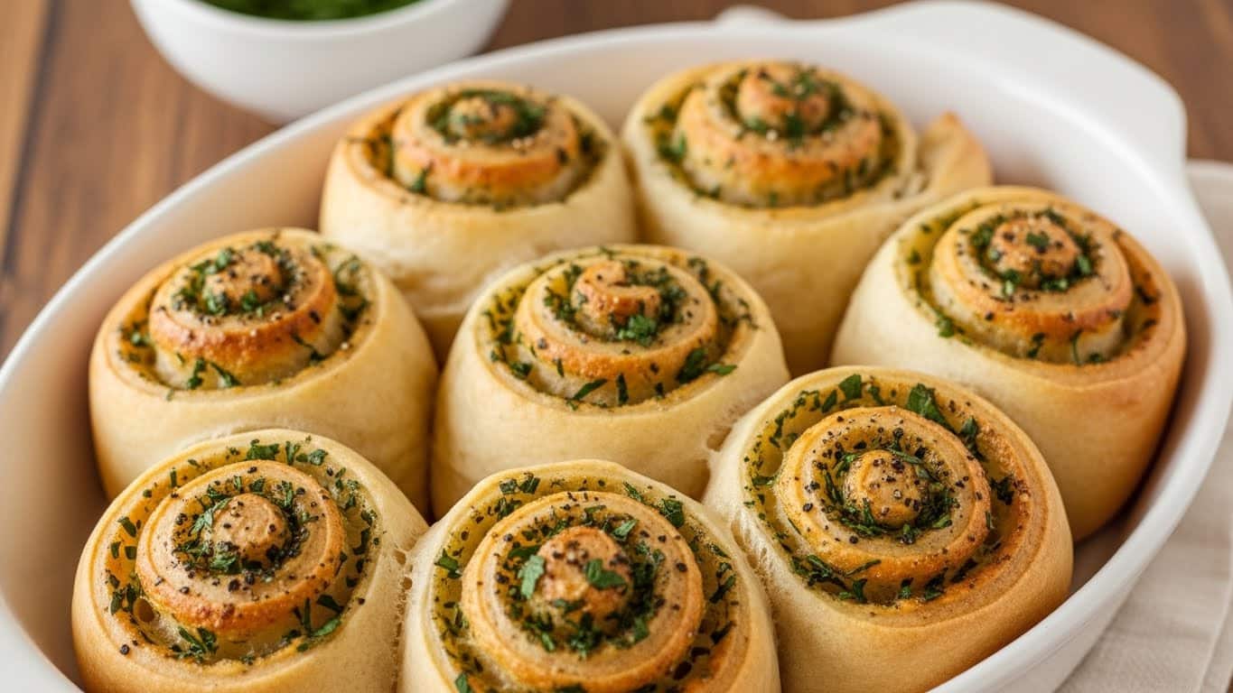 Seven golden brown rolls sit in a white oval dish, each roll formed in a neat spiral with a soft, fluffy texture visible on the sides. The rolls are topped with finely chopped green herbs and a sprinkling of coarse black pepper, giving a contrast of green and dark specks on the warm light brown surface. The background shows a wooden table and a small white bowl partly filled with green herbs. The light in the image is soft and natural, showing the warm, inviting colors of the baked rolls. photo taken with an iphone --ar 4:5 --v 7