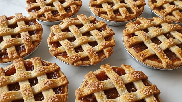 The image shows several small round pies arranged closely together on a white marbled surface. Each pie has a golden brown crust with a lattice pattern on top, formed by thin strips of dough woven in a crisscross style. The crust looks flaky and slightly shiny, with small granules of sugar sprinkled over the lattice. The filling beneath the lattice is a warm amber color, peeking through the gaps. The pies are evenly baked with a uniform golden tone. The photo taken with an iphone --ar 4:5 --v 7