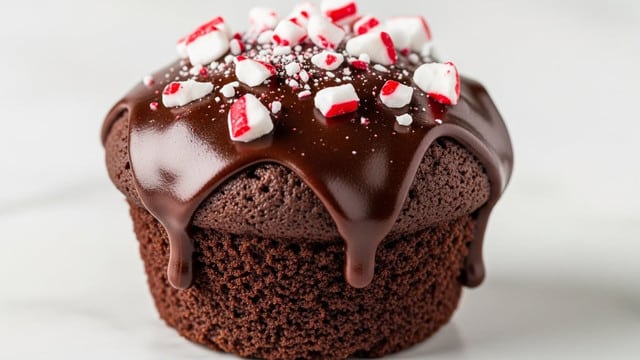 A close-up of a single chocolate muffin with a dark brown, moist and slightly textured base layer. The top is thickly coated with glossy, smooth dark chocolate glaze that drips slightly down the sides. Scattered on top are broken small white and red peppermint candy pieces, adding a crunchy texture and bright color contrast. The scene is set on a white marbled surface. Photo taken with an iphone --ar 4:5 --v 7
