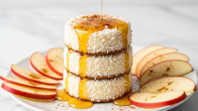 The image shows a stack of three small round desserts coated in white shredded coconut, with a drizzle of golden honey flowing down the sides of each layer. The three creamy yellow layers are evenly stacked in the center of a white plate, which also holds thin slices of red-skinned apple arranged around them. There is a sprinkling of cinnamon or fine brown spice on top and around the sides of the coconut layers. The background surface is a white marbled texture, and the lighting highlights the glossy honey and the soft texture of the coconut and dessert. Photo taken with an iphone --ar 4:5 --v 7