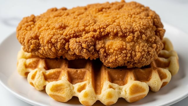 A white plate holds a thick, golden-brown waffle with a crisp outside and soft inside as the base layer. On top of the waffle are several pieces of fried chicken, golden and crunchy with a textured, crispy coating. The chicken is drizzled with a shiny, amber-brown syrup that slightly flows over the waffle edges, adding a sticky glaze. The background is a white marbled texture, making the food stand out clearly. Photo taken with an iphone --ar 4:5 --v 7