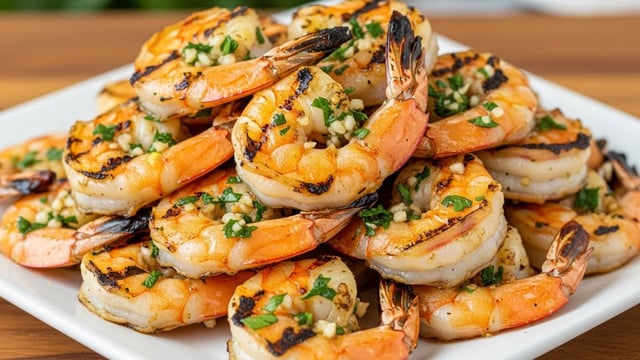 A white square plate filled with a stack of grilled shrimp, each shrimp showing a golden-brown, slightly charred surface with visible grill marks and glistening textures. The shrimp are coated with finely chopped green herbs mixed with small bits of garlic, giving them a fresh and seasoned look. The shrimp's orange-pink color contrasts with the green herbs, and their curled shapes create a layered, compact pile on the plate. The plate is placed on a wooden surface with a blurred background, highlighting the shrimp's shiny and appetizing appearance. photo taken with an iphone --ar 4:5 --v 7