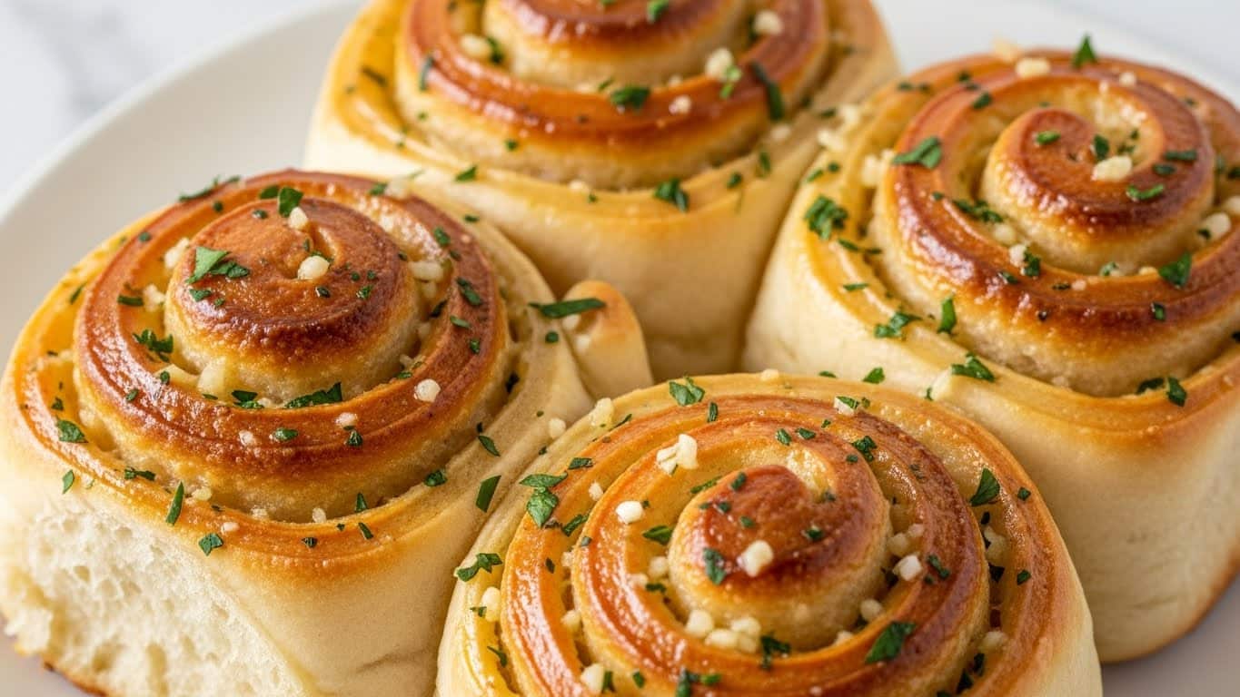 The image shows close-up of three golden-brown garlic rolls arranged closely on a white plate. Each roll has about five visible layers of soft and flaky dough spiraled tightly, with the top layer glistening with butter and coated with finely chopped parsley and small garlic pieces. The rolls have a shiny, slightly sticky texture on top with a light crust on the edges, and the soft inner layers show a fluffy, airy look. The white marbled background adds a clean and bright contrast, making the warm tones of the rolls stand out. Photo taken with an iphone --ar 4:5 --v 7
