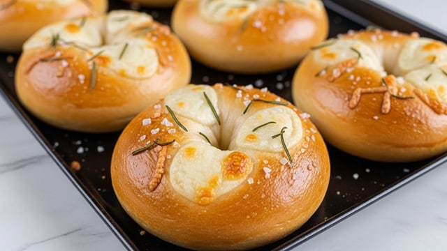 The image shows five freshly baked bagels on a dark baking tray placed on a white marbled surface. Each bagel has a shiny, golden-brown crust with a smooth and slightly glossy texture. The bagels are topped with melted white cheese, which has a slightly browned, bubbly finish. Scattered on top are small sprigs of fresh green rosemary and coarse white salt crystals. The bagels are evenly spaced, and the focus is on the closest bagel, showing its soft, fluffy interior visible through the hole in the center. Photo taken with an iphone --ar 4:5 --v 7