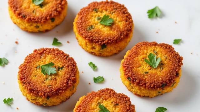 The image shows four small, round, golden-brown fried cakes with a crispy, crunchy texture on the outside and a softer, orange-yellow inside. Each cake is topped with small green parsley leaves and tiny specks of seasoning are visible throughout the cakes. They are placed on a white marbled surface, scattered with some extra parsley pieces around them. The cakes have a uniform, slightly rough surface with uneven edges that give a homemade feel. Photo taken with an iphone --ar 4:5 --v 7