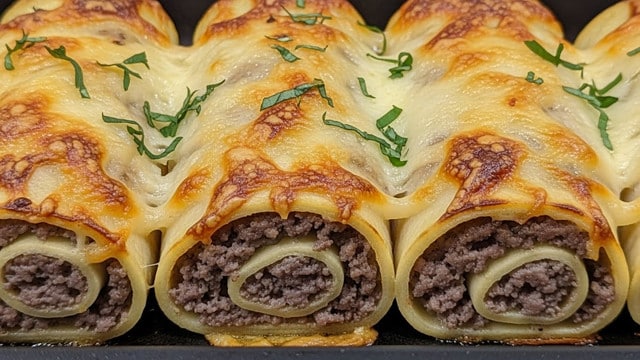 This image shows a close-up of a baked dish with four rolled tubes filled with browned ground meat inside a slightly browned pasta or crepe-like layer. The top of each roll is covered with melted cheese that is golden and bubbly, with some bits slightly crispy and browned. Small green herb pieces are sprinkled on top, adding a fresh color contrast. The rolls are placed closely together on a dark baking dish, all lined up in a row. The texture shows a mix of soft, moist meat inside, smooth pasta outside, and gooey cheese on top. Photo taken with an iphone --ar 4:5 --v 7