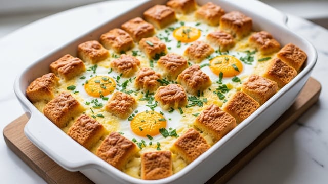 The image shows a white rectangular baking dish filled with a baked breakfast casserole. The dish has a golden-brown crust made of small square bread pieces layered on top, with melted cheese underneath creating a creamy texture. There are visible cooked eggs with bright yellow yolks peeking through the surface, topped with finely chopped green herbs scattered evenly on top. The casserole sits on a wooden board placed on a white marbled surface, with soft natural light coming from a window in the background. Photo taken with an iphone --ar 4:5 --v 7