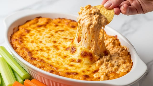 A white oval dish filled with a creamy, cheesy, orange-colored dip that has a slightly browned top layer showing melted cheese. The texture looks thick and smooth with some stringy cheese stretching from the dip to a tortilla chip held by a woman's hand above the dish. The dip appears to be rich and gooey with visible small bits mixed inside. At the bottom left corner, some green celery sticks and orange carrot sticks are slightly blurred. The background and surface have a white marbled texture. Photo taken with an iphone --ar 4:5 --v 7