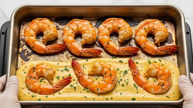 A metal baking tray holds a dish with two distinct layers: the bottom layer is a yellowish sauce with a slightly thick texture, dotted with green herb pieces, while the top layer features six large, orange-pink cooked shrimp, each curled and glistening with a light herb seasoning. The tray is inside an oven, and two gloved hands are carefully lifting it. The background is a white marbled texture. photo taken with an iphone --ar 4:5 --v 7