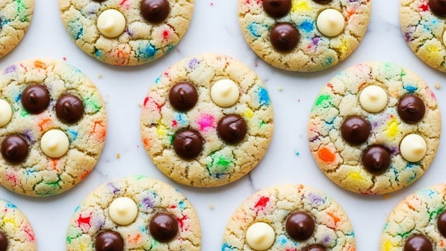 A close-up view of round cookies arranged closely on a white marbled surface, each cookie has a light golden base with a slightly soft, crinkly texture. The dough is mixed with small colorful sprinkles in red, blue, green, yellow, purple, and orange scattered inside. Each cookie is dotted with several smooth, shiny chocolate chips in dark brown and white, spread evenly on the top surface. The cookies vary slightly in size, and the edges are gentle and soft rather than sharp. There are some small crumbs around the cookies on the white marbled background. photo taken with an iphone --ar 4:5 --v 7