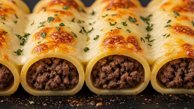 Close-up view of four rolled pasta tubes filled with cooked ground beef, lined up side by side. Each pasta roll has a smooth, pale yellow outer layer with a slightly toasted look, and the beef filling inside is dark brown with a crumbly texture. The top of the rolls is covered with melted cheese that is golden brown and bubbly, with small green herb bits sprinkled over it. The dish rests on a dark surface with some shiny spots from the melted cheese. Photo taken with an iphone --ar 4:5 --v 7