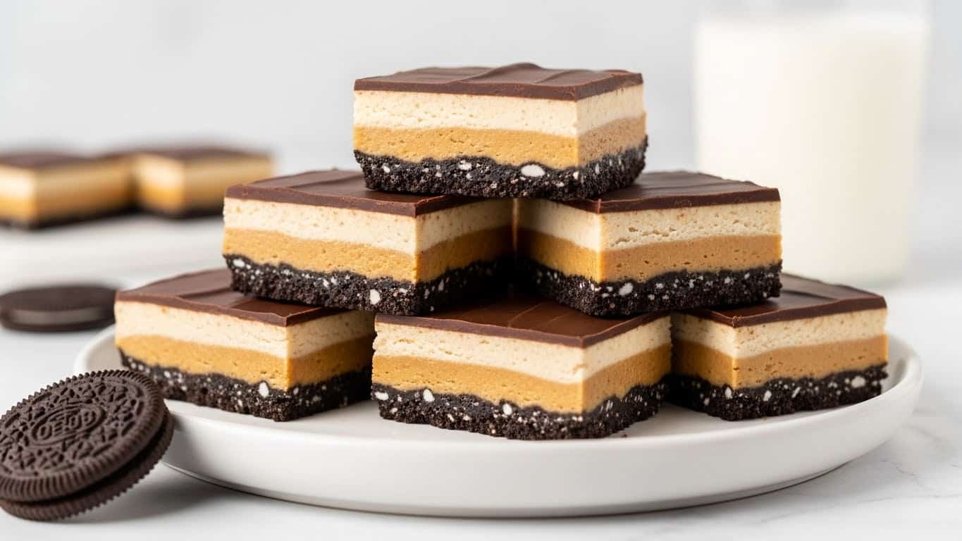 The image shows a stack of three square dessert bars, each bar has three layers: a bottom dark crumbly layer resembling crushed cookies, a middle thick creamy light brown layer that looks smooth and fluffy, and a top thin layer of glossy dark chocolate that covers the surface evenly. The bars are placed on a white marbled surface with part of a white glass of milk and a white plate in the background, with one Oreo cookie beside the stack. The bars have clean, straight edges and look rich and dense. photo taken with an iphone --ar 4:5 --v 7