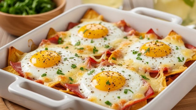 The dish is a baked casserole in a white rectangular ceramic dish with two handles. It has five eggs cooked sunny side up on top, each with soft white edges and bright yellow yolks, sprinkled with black pepper and chopped green herbs. Underneath the eggs, there are browned baked tortilla chips and pieces of pink ham layered with melted light yellow cheese that looks gooey and slightly browned at the edges. The dish rests on a wooden surface with a blurred bowl of green herbs and glass of light yellow drink in the background. photo taken with an iphone --ar 4:5 --v 7