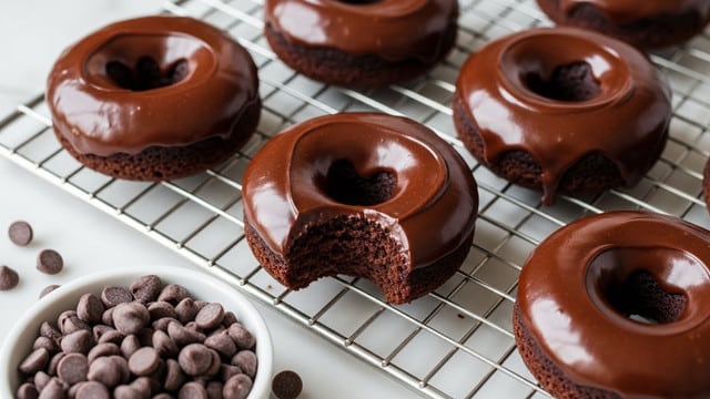 The image shows several chocolate donuts with a shiny, smooth chocolate glaze on top, placed on a metal cooling rack over a white marbled surface. One donut is bitten, showing a rich, dark, moist chocolate cake interior underneath the glossy chocolate coating. The arrangement highlights the thick glaze layer that evenly covers each donut’s top and curves around the donut’s edges. In the lower left corner, a white bowl is filled with small, round chocolate chips, adding texture and contrast to the scene. The lighting emphasizes the glossiness of the glaze and the dense texture of the cake inside. photo taken with an iphone --ar 4:5 --v 7