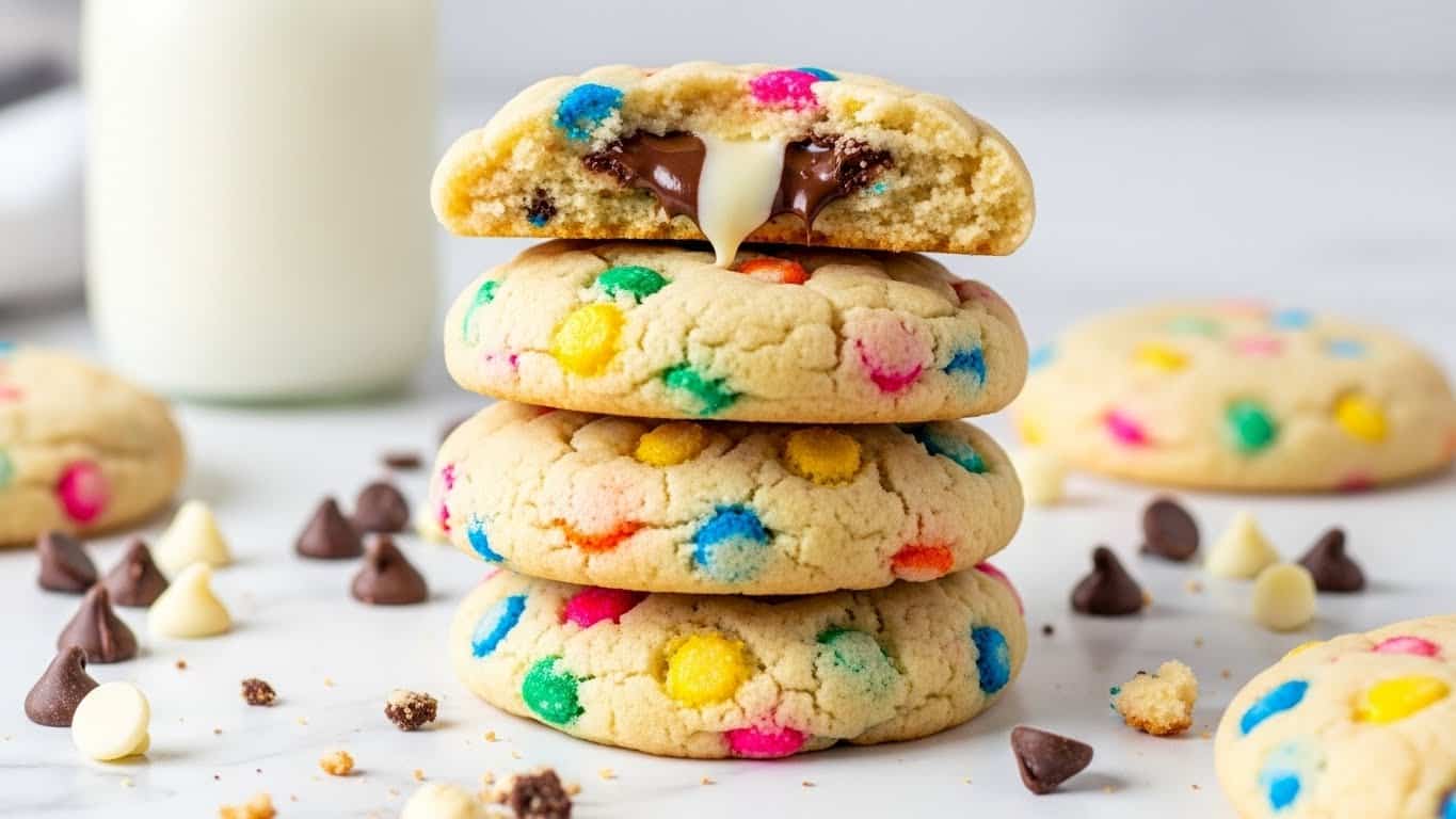A close-up view of a stack of four soft cookies on a white marbled surface, each cookie dotted with colorful sprinkles inside the light beige dough. The top cookie is broken in half, showing gooey melted white and dark chocolate chips inside. Around the stack, there are loose white and dark chocolate chips and crumbs scattered. In the blurred background, a clear glass bottle filled with milk can be seen. The whole scene is bright with a simple white marbled texture as the base. photo taken with an iphone --ar 4:5 --v 7
