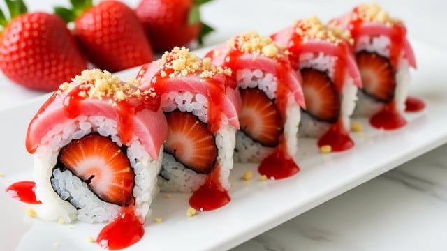A close-up of a row of sushi rolls on a white plate sitting on a white marbled surface. Each sushi roll has a center layer of fresh red strawberry pieces wrapped in white rice and nori seaweed. The top layer features thin pink slices of fish or similar ingredient, drizzled with bright red sauce that also pools at the base of the rolls on the plate. There are crushed light brown crumbs sprinkled on top, adding texture. In the background, fresh whole strawberries with green leaves sit next to the sushi, slightly blurred. Photo taken with an iphone --ar 4:5 --v 7