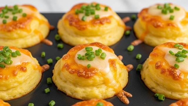 The image shows close-up baked cheesy mashed puffs in a dark muffin tray, each puff having three visible layers: a smooth, golden-yellow mashed potato base, a slightly browned top layer of melted cheese with melted spots and small crispy edges, and a final layer of fresh, chopped green chives scattered on top, giving a pop of green color. The texture looks soft and fluffy with a slightly crispy, cheesy surface. The background features a white marbled texture. photo taken with an iphone --ar 4:5 --v 7