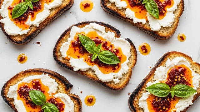 Several pieces of toasted bread are arranged on a white marbled surface. Each toast has three main layers: the base is golden-brown crisp bread with slightly dark edges; the middle layer is thick, creamy white cheese spread unevenly; the top layer is a shiny, amber-colored chili oil drizzle with visible red chili flakes scattered on it. Small fresh green basil leaves rest on top of the chili oil on some toasts, adding contrasted color. Drops of chili oil are also visible on the white marbled background around the toasts. photo taken with an iphone --ar 4:5 --v 7