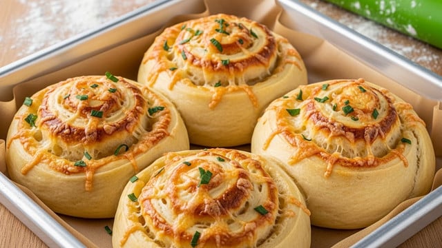 The image shows four golden-brown savory rolls baked in a silver baking tray lined with brown parchment paper. Each roll is round and fluffy with a visible spiral shape, slightly browned on top with a melted cheese texture. Small green herb pieces are sprinkled evenly over the surface, adding a fresh look. The rolls sit close together, filling the tray, with a slightly glossy finish. In the background, there is a wooden surface and a green rolling pin with some white flour on it. Photo taken with an iphone --ar 4:5 --v 7