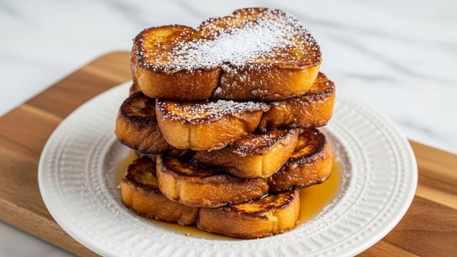 The image shows a stack of seven thick, golden-brown French toast pieces on a round white plate with a textured rim. The toast pieces have a crispy, caramelized surface with slightly darker edges and a soft, fluffy inside. The top piece is sprinkled with powdered sugar, adding a light white dusting that contrasts with the rich toast color. Some syrup glistens on the edges of the toast, pooling slightly on the plate beneath. The plate sits on a wooden board over a white marbled surface. photo taken with an iphone --ar 4:5 --v 7