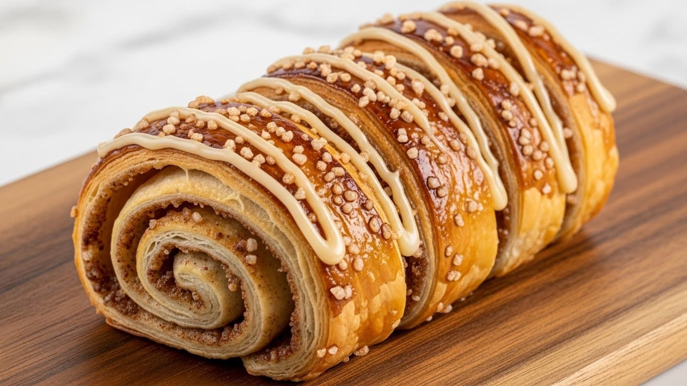 A flaky pastry roll is placed on a wooden board with a white marbled background. The pastry has multiple thin layers showing a twisted spiral inside with a light brown cinnamon or spiced filling. The top crust is golden brown with a glossy, slightly crunchy texture, sprinkled with coarse sugar crystals. A light cream-colored glaze is drizzled over the top in thin, uneven lines, adding shine and a touch of sweetness. photo taken with an iphone --ar 4:5 --v 7