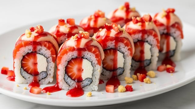 The image shows a row of sushi rolls arranged on a white plate on a white marbled surface. Each roll has four visible layers: a core layer of whole strawberry in the center, surrounded by a layer of cream cheese, then a thin layer of black seaweed, and finally white sushi rice wrapping the outside. The rolls are topped with a light pink sauce, bright red strawberry sauce drizzled unevenly, small pieces of crushed crumbs, and tiny strawberry chunks. Some strawberry sauce has spilled onto the plate around the rolls, adding a colorful contrast. Photo taken with an iphone --ar 4:5 --v 7