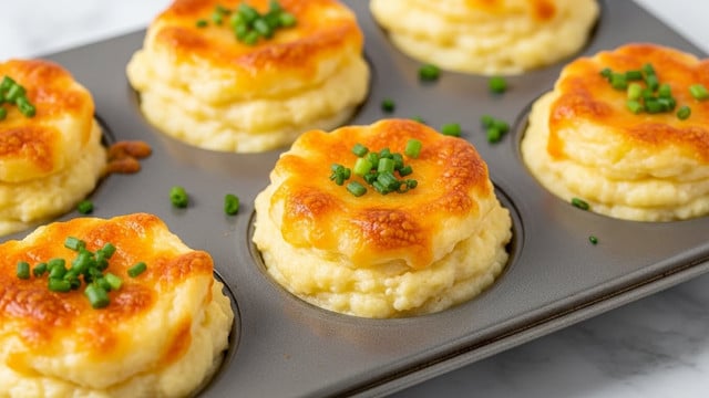 The image shows close-up cheesy mashed potato puffs in a non-stick muffin pan. Each puff has two main layers: the bottom layer is creamy, smooth mashed potatoes with a pale yellow color, and the top layer is a golden brown melted cheese crust, slightly crispy and bubbly with darker toasted spots. Bright green chopped chives are sprinkled on top of the cheese, adding contrast. The muffin pan is placed on a white marbled texture surface, giving a clean and fresh background look. Photo taken with an iphone --ar 4:5 --v 7