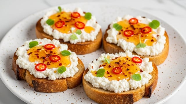 Four pieces of toasted bread are arranged on a white plate with a speckled pattern. Each toast slice has a base layer of golden brown crusty bread, topped with a thick spread of white, creamy ricotta cheese. On top of the cheese, there is a glossy layer of orange honey drizzled in the center, scattered with small red chili flakes and garnished with small green herb leaves. The whole presentation is bright and textured, set on a white marbled surface. photo taken with an iphone --ar 4:5 --v 7