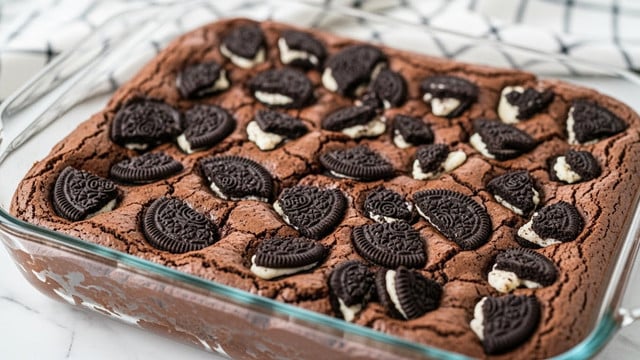 A glass baking dish filled with a thick, dark brown chocolate brownie base. On top of the brownie, there are many broken and whole pieces of black and white sandwich cookies embedded, showing their black cookie texture and white cream filling. The surface of the brownie is cracked and textured around the cookie pieces. The dish sits on a white marbled surface with a checkered cloth in soft focus in the background. photo taken with an iphone --ar 4:5 --v 7