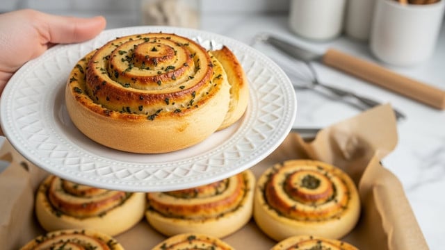 A close-up of a freshly baked roll with a spiral shape, layered in two visible rounds; the outer layer is light golden brown with a soft shiny texture, and the inner spiral is a richer golden color with a slightly crispy finish. The roll is topped with small green herb pieces sprinkled evenly around the surface. It sits on a white plate with a detailed rim pattern, held by a woman's hand on the left side. Below the plate, more similar rolls are visible in a baking tray lined with beige parchment paper. The background features a white marbled surface with baking tools and jars blurred out. photo taken with an iphone --ar 4:5 --v 7