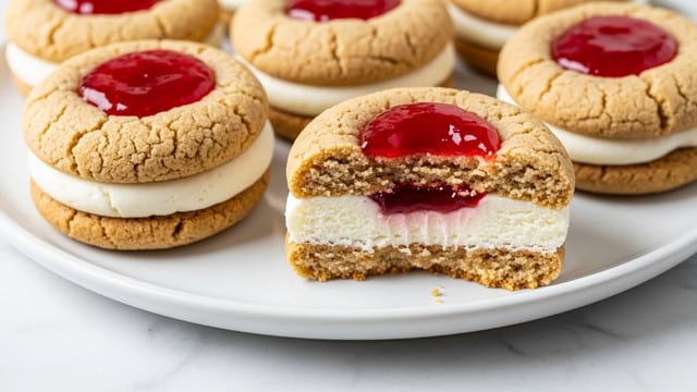 The image shows several soft cookies on a white plate, placed on a white marbled surface. Each cookie has three visible layers: a light brown bottom crust, a thick white creamy middle layer, and a top layer of glossy red jelly with a slightly cracked textured cookie dough surrounding it. One cookie is broken in half, clearly showing the crumbly brown base, smooth white cream, and bright red jelly filled in the center. The cookies are round and slightly puffy with visible cracks on the top. Photo taken with an iphone --ar 4:5 --v 7