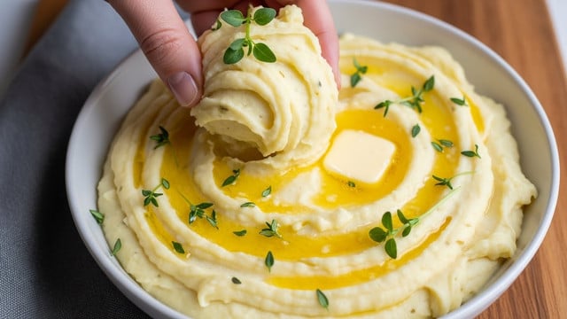 The image shows a bowl with creamy mashed potatoes with a smooth, fluffy texture and a light yellow color. The mashed potatoes are swirled on top with melted butter pooling in the center, creating a shiny golden layer. There are small green herb pieces sprinkled evenly throughout and fresh herb sprigs placed on top for decoration. The bowl is white and sits on a wooden surface with a gray cloth partially underneath. A woman’s hand is holding a portion of the mashed potatoes in the middle, lifting it with a smooth scoop. The photo taken with an iphone --ar 4:5 --v 7