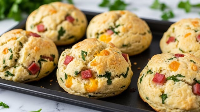 A close-up view of six golden-brown biscuits packed with chopped green herbs and small pieces of ham on a dark baking tray, with the herbs and melted cheese visible as small green and orange flecks throughout. The biscuits have a rough, slightly uneven round shape and a soft texture with some browned spots, indicating they are freshly baked. The baking tray sits on a white marbled surface, and scattered bits of green herbs are visible around the edges. The background includes blurred green leafy herbs adding a fresh touch to the scene. photo taken with an iphone --ar 4:5 --v 7