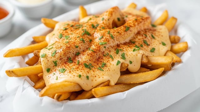 A white paper-lined basket filled with golden-brown crispy fries piled high as the first layer, topped with a smooth light yellow cheese sauce that covers most of the fries, sprinkled with finely chopped green herbs and reddish seasoning powder spread evenly on top, all resting on a white marbled surface with small bowls of dipping sauces blurred in the background. photo taken with an iphone --ar 4:5 --v 7