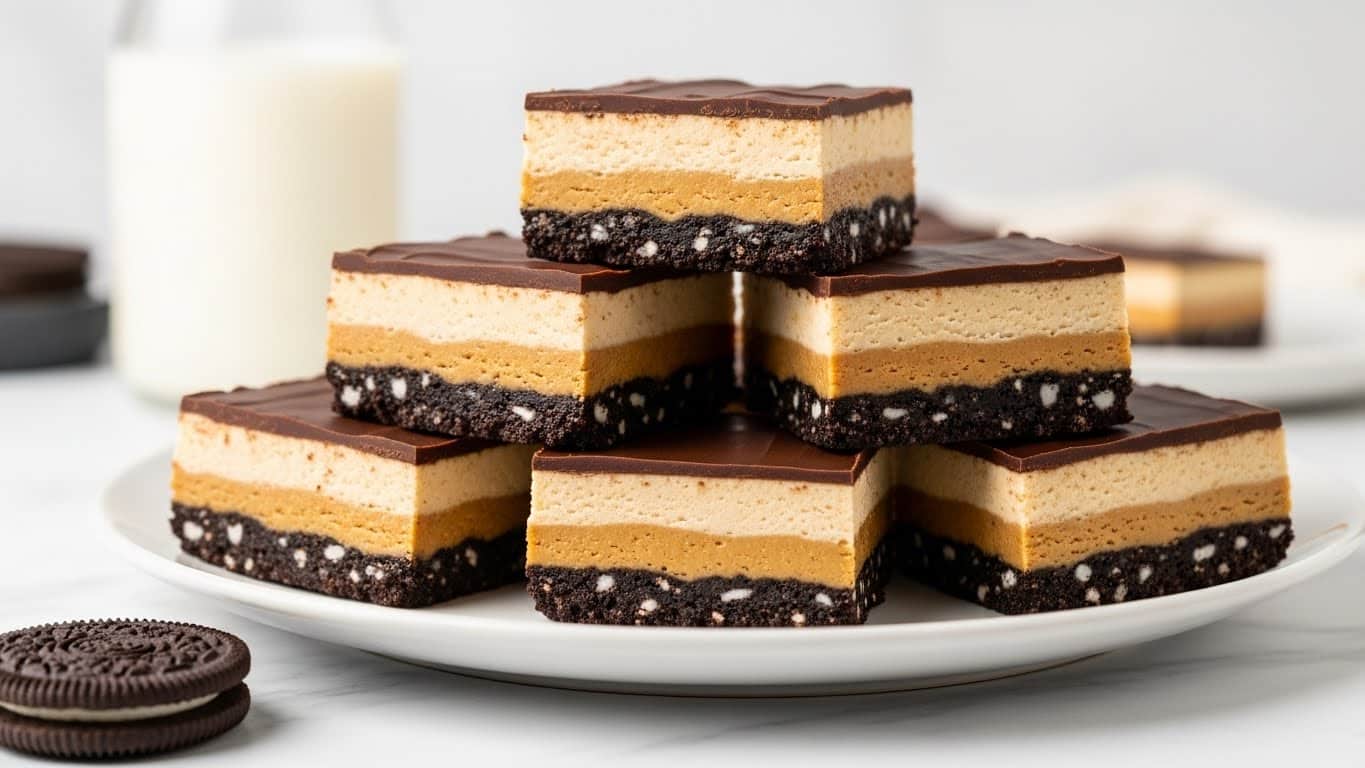 The image shows five rectangular dessert bars stacked on a white plate, each with three distinct layers: the bottom layer is dark and crumbly like a chocolate cookie crust, the middle layer is thick and creamy with a smooth peanut butter color and texture, and the top layer is a thin, glossy sheet of dark chocolate. The bars have clean, sharp edges and are arranged in a neat pile on a white marbled surface, with a glass of milk blurred in the background and a single chocolate sandwich cookie in the foreground. photo taken with an iphone --ar 4:5 --v 7