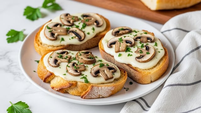 The image shows three pieces of toasted bread on a white plate, each topped with a thick layer of melted white cheese and several slices of sautéed brown mushrooms. The mushrooms are scattered evenly on each slice, with some chopped green herbs sprinkled on top for garnish. The bread has a golden-brown crust with a soft, slightly textured interior. The plate is placed on a white marbled surface with some green herb leaves scattered around. A striped white and grey cloth is partly visible next to the plate. In the background, there is a wooden board with a bread loaf partially visible. Photo taken with an iphone --ar 4:5 --v 7
