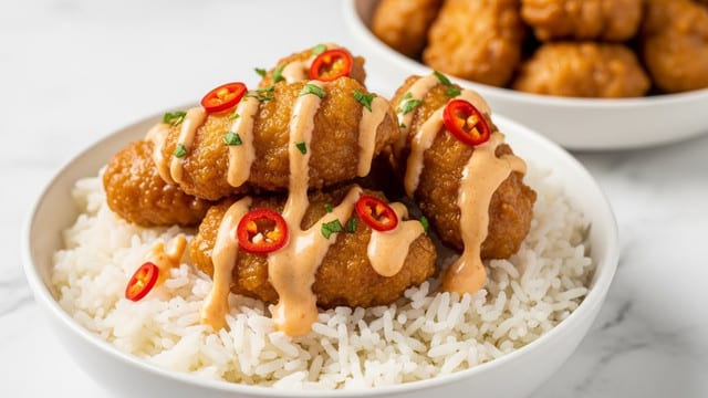 The dish shows a white bowl filled with two main layers: the bottom layer is white rice with a soft, fluffy texture, and the top layer consists of several pieces of fried chicken coated in a creamy, light orange sauce with visible red chili flakes and sprinkled with small green herb pieces, likely parsley. The fried chicken has a golden-brown crispy crust beneath the sauce. In the background, there is another bowl with more fried chicken, also on the white marbled surface. The scene is close-up with a focus on the chicken in the front bowl, showing the glossy texture of the sauce and detail on the crispy chicken skin. Photo taken with an iphone --ar 4:5 --v 7