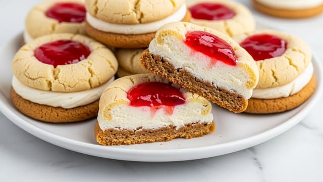 The image shows a group of round cookies with a soft, pale beige outer layer and a center filled with bright red jam that looks glossy and smooth. The cookies are placed close together on a white marbled surface. One cookie in the front has a bite taken out, revealing the thick jam inside and the slightly crumbly, soft texture of the outer cookie. The lighting highlights the jam's shiny red color and the warm, light tone of the dough. Photo taken with an iphone --ar 4:5 --v 7