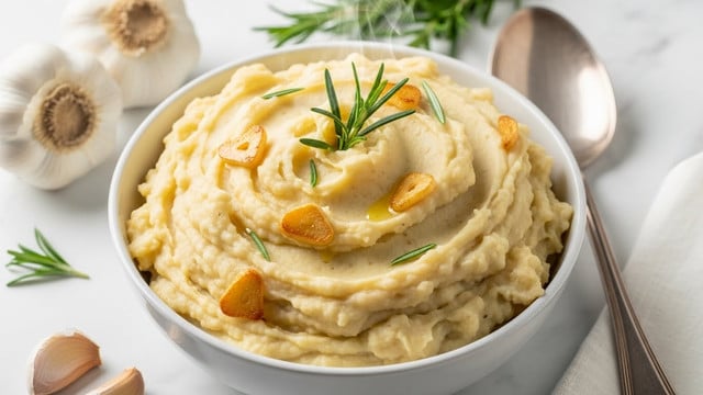 A bowl filled with creamy mashed potatoes shows soft, smooth texture with some small lumps, colored light beige with golden bits of roasted garlic mixed throughout. Fresh green rosemary sprigs sit on top as garnish. The bowl is white and placed on a white marbled surface next to fresh garlic bulbs and a silver serving spoon. The light in the photo highlights the steam and texture of the potatoes, making them look warm and tasty. Photo taken with an iphone --ar 4:5 --v 7