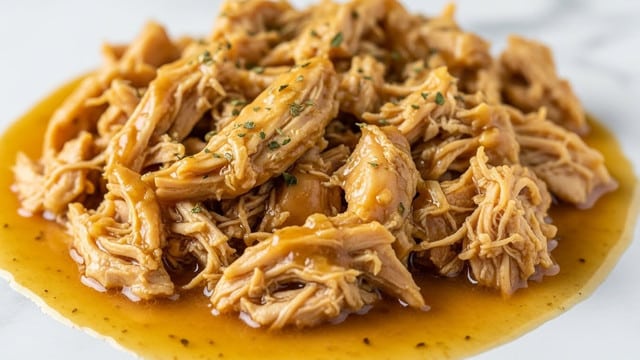 The image shows a close-up of shredded cooked chicken soaked in a golden brown sauce with small bits of herbs sprinkled on top. The chicken pieces are irregular in size and texture, some pulled apart finely while others remain thicker, all covered in a glossy, rich gravy that pools underneath. The sauce has a smooth and slightly oily surface reflecting light. The food fills the whole frame against a white marbled background photo taken with an iphone --ar 4:5 --v 7