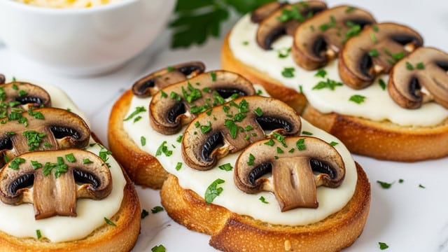 The image shows three pieces of toasted bread with a golden-brown crust as the base layer, topped with a thick layer of melted white cheese that spreads over the edges. On top of the cheese, there are sliced cooked mushrooms with a shiny, slightly browned texture, placed evenly on each toast. The final layer is a sprinkling of finely chopped green herbs, adding a fresh color contrast. The toasts are arranged on a white marbled surface, with part of a white bowl filled with grated cheese and some parsley leaves in the background. Photo taken with an iphone --ar 4:5 --v 7
