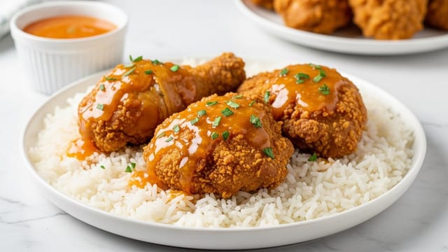 A white round plate shows a serving of white rice spread around the edges with three large pieces of crispy fried chicken placed on top, each coated in a shiny light orange sauce with green herb bits sprinkled over it. The chicken skin is golden brown with a crunchy texture. Behind the plate, there is a small white cup filled with the same orange sauce and a white plate holding more pieces of the fried chicken blurred in the background. The scene is set on a white marbled textured surface. photo taken with an iphone --ar 4:5 --v 7