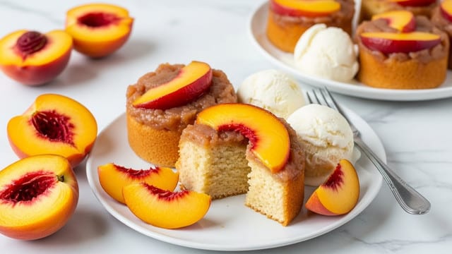 A white plate holds a peach upside-down cake with two main pieces: one whole and one cut open showing a soft, light beige inside. On top of each cake, there is a caramelized peach slice with shiny orange and red hues. Next to the cakes is a scoop of creamy white ice cream with a smooth texture. Around the cakes, there are three fresh peach slices showing vibrant orange flesh and a deep red center. A silver fork rests on the plate near the peach slices. In the background, there is a white plate with more peach cakes and ice cream, and some halved peaches on a white marbled surface. Photo taken with an iphone --ar 4:5 --v 7