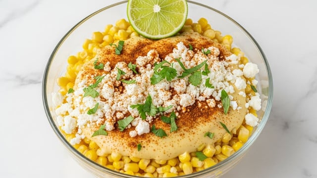 The dish is served in a clear glass bowl filled with two visible layers mainly composed of creamy yellow corn kernels mixed with a smooth, pale yellow sauce. The top layer is richly sprinkled with white crumbled cheese and finely chopped green herbs, along with a dusting of reddish-brown spice, creating a colorful contrast. A bright green lime wedge is placed at the top center, adding a fresh pop of color. The bowl sits on a white marbled surface. photo taken with an iphone --ar 4:5 --v 7