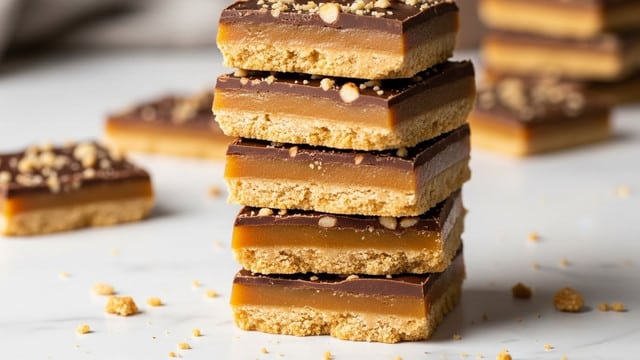 A stack of four uneven toffee bars is placed on a white marble surface, each bar showing three clear layers: the bottom layer is a light, crumbly golden-brown base, the middle layer is a smooth, shiny medium-brown caramel, and the top layer is a thick, glossy dark brown chocolate sprinkled with small pieces of crushed nuts. The bars have rough, slightly crumbly edges and a few scattered toffee crumbs around them. The scene is softly lit with warm tones, creating a cozy and inviting feel. Photo taken with an iphone --ar 4:5 --v 7
