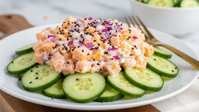 This image shows a close-up of a creamy cucumber salad on a white plate. The salad has three main layers: the base layer is thin, round slices of fresh green cucumber with a smooth texture, the middle layer consists of a thick, creamy dressing mixed with small pieces of shredded orange cheddar cheese and finely chopped red onion, adding a mix of orange and purple colors with a soft texture, and the top layer is sprinkled with small black sesame seeds adding contrast and texture. The plate is set on a wooden board with a white marbled surface visible in the background. A gold fork is placed on the right side of the plate. In the blurred background, there is a white bowl with more cucumber slices. Photo taken with an iphone --ar 4:5 --v 7