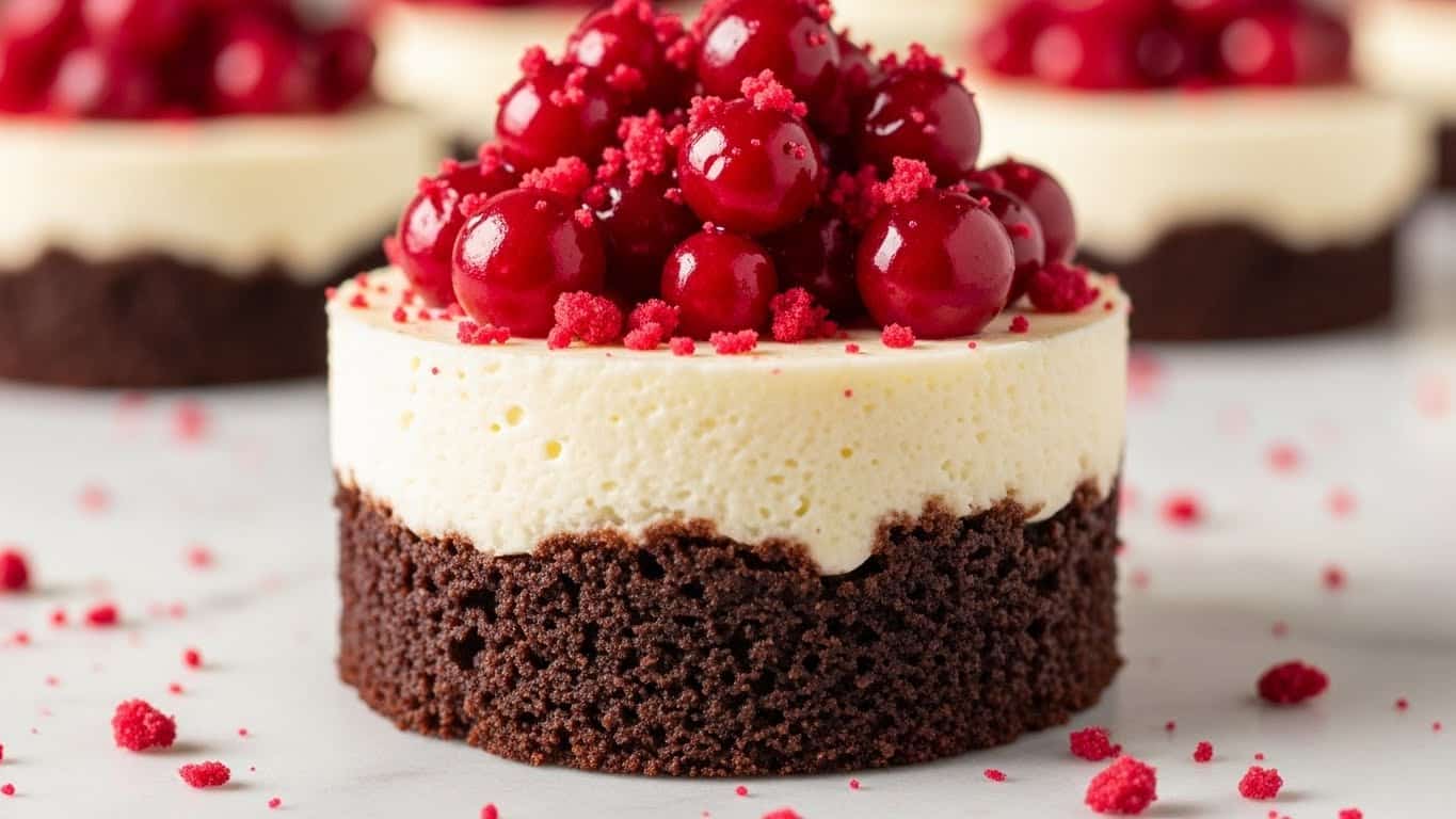 The image shows a close-up of a small dessert with two layers: a bottom layer of dark, moist chocolate cake with a rough texture, and a smooth, creamy white cheesecake layer on top. On the very top, there is a generous pile of small, shiny, deep red fruit pieces, possibly berries, along with some red crumbs scattered around the fruit and on the surface below. The dessert is placed on a white surface with a marbled texture, and in the background, a few more desserts are visible but out of focus. photo taken with an iphone --ar 4:5 --v 7