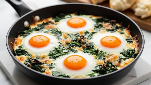 A black skillet filled with a baked dish showing four bright orange egg yolks sitting on soft white egg whites. Underneath and around the eggs are wilted dark green spinach leaves mixed with melted, slightly golden cheese, giving a creamy texture. The edges of the dish have a lightly browned crust, adding a crispy tone. The skillet rests on a white marbled textured surface with a blurred wooden board and torn bread in the background. Photo taken with an iphone --ar 4:5 --v 7